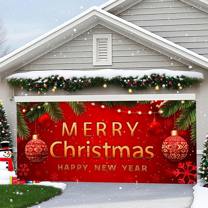THISFIND Christmas Garage Door Banner – Red Holiday Mural Cover with Gold "Merry Christmas and Happy New Year" Text, Ornaments, Snowflakes, and Pine Decor – Outdoor Xmas Decoration for Garage or Porch - Image 5